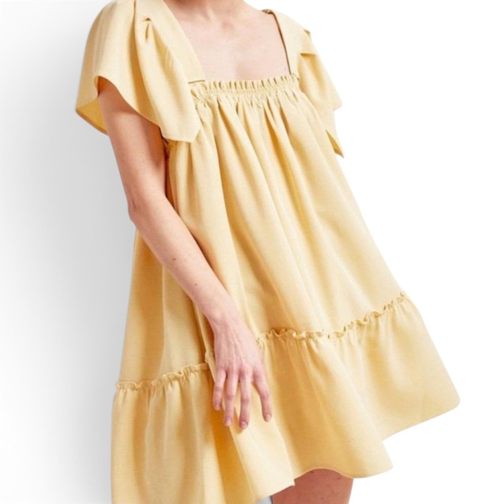 Lena Yellow Flutter Sleeve Babydoll Mini Dress Tiered Open Back Tie Size Medium